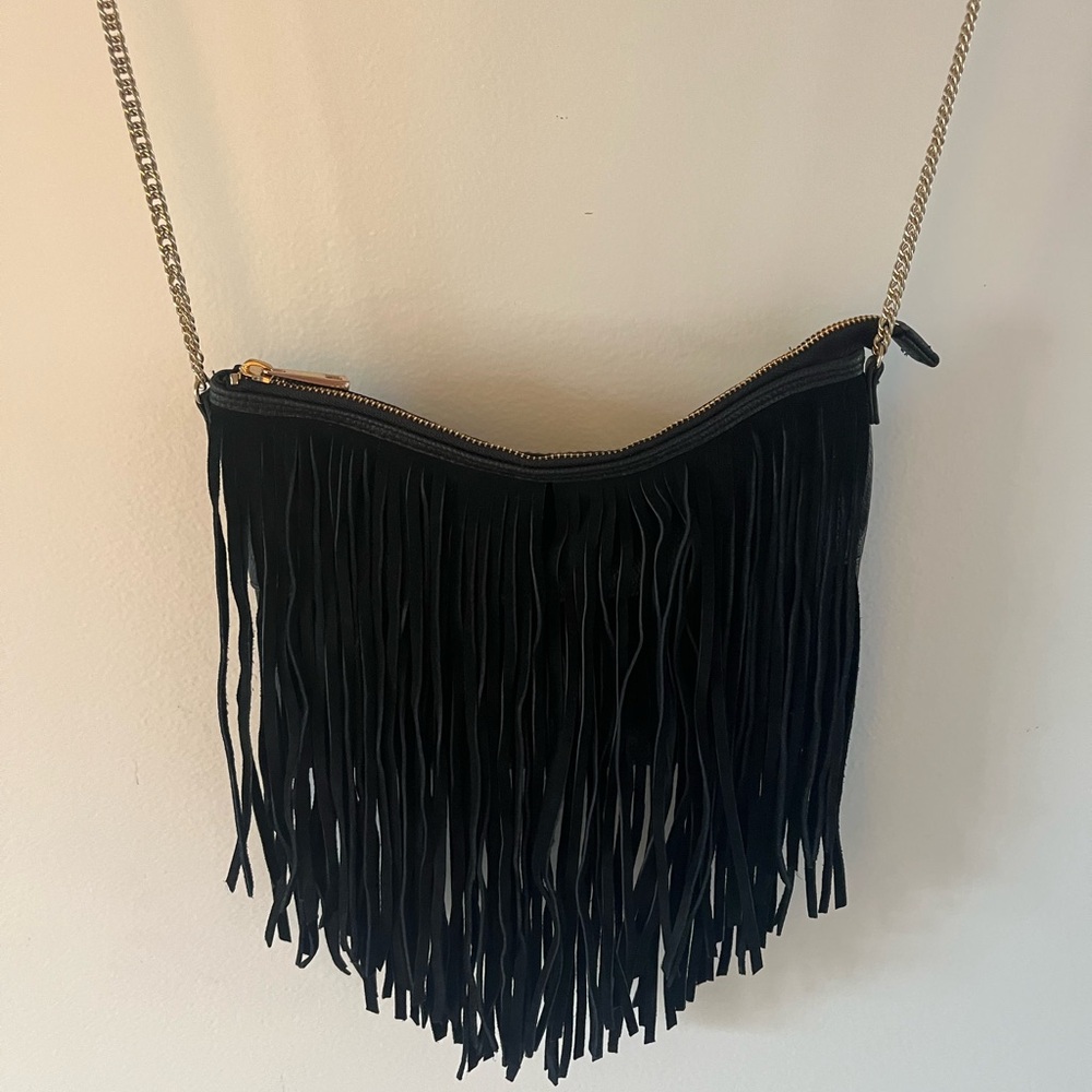 Crossbody H&M Black Leather Fringe Bag with Chain Strap Like New !